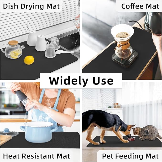 LOPNUR Kitchen Dish Drying Mat, 31.5"x17" Extra Large Dish Drying Mats for Kitchen Counter, Diatomite Coffee Mat Super Absorbent Dish Drying Pad, Heat Resistant Mat with Anti-slip Rubber Backed, Black