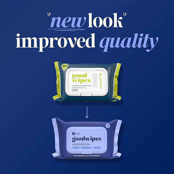 goodwipes Flushable Wipes - Cedar Wet Wipes for Adults, Sewer & Septic Safe, Guest Bathroom Essentials for Women & Men, pH Balanced & Extra Large, 153 Count (3 Packs and 3 Singles)