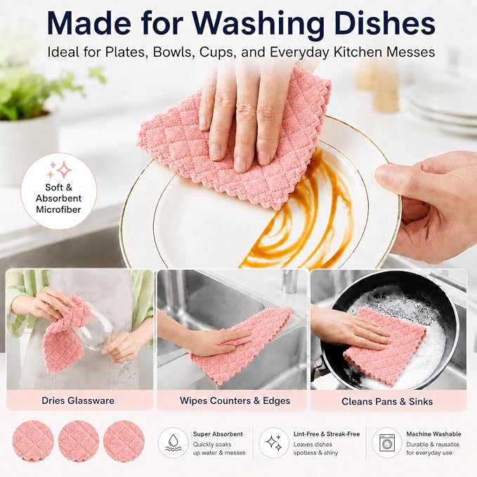 kimteny 12 Pack Dish Cloths for Washing Dishes, Super Absorbent Microfiber Kitchen Dish Rags, Fast Drying Coral Velvet Dish Cloths for Kitchen Counter and Dishes (Pink-Green)
