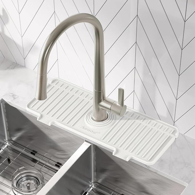 Amerner Kitchen Sink Splash Guard, Silicone Faucet Guard & Draining Mat, Bathroom and Kitchen Sink Organizer, Sink Faucet Mat Water Splash Guard Behind Faucet Accessories Gadgets, 14.2” x 5.1”, White