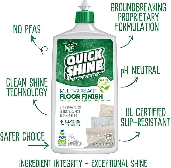 Quick Shine Multi Surface Floor Finish 27oz, 6Pk | Cleaner & Polish to use on Hardwood, Laminate, Luxury Vinyl Plank LVT, Tile & Stone | Safer Choice w/Clean Shine Technology | Shine-Protect-Refresh