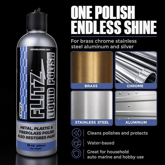 Flitz Multi Purpose Metal Polish Liquid - 16oz Bottle of USA-Made Tarnish Remover - For Aluminum, Chrome, Brass, Nickel, Silver - Non-Abrasive Metal Cleaner and Polish, Restorer (6 Pack)