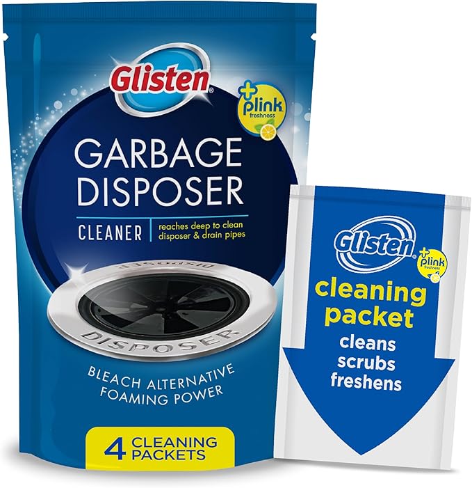 Glisten Garbage Disposer Cleaner and Freshener, Sink Disposal Odor Eliminator with Foaming Action, Lemon Scent, Made in the USA, 4 Packets