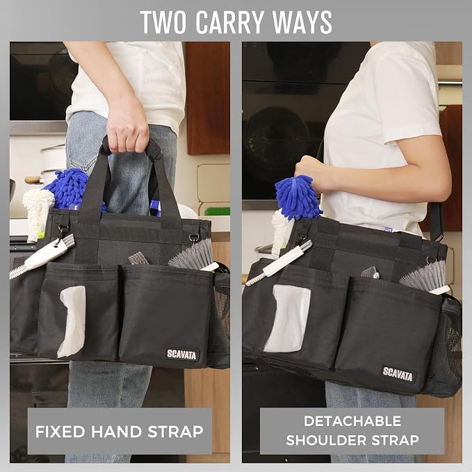 SCAVATA Compact Wearable Cleaning Caddy with Handle & Shoulder Straps | Small Cleaning Supplies Organizer, Under Sink & Car Cleaning Tools Storage Bag for Housekeepers Cleaners, Black