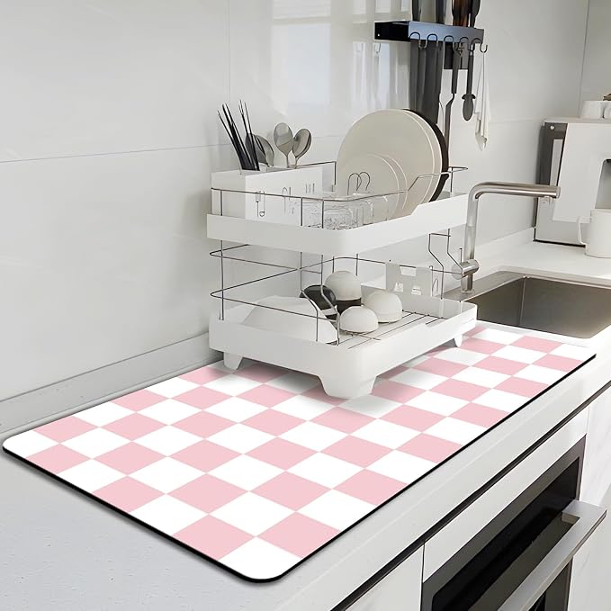 Dish Drying Mat for Kitchen, 16'' x 24'' Checkered Coffee Bar Mat for Countertops, Coffee Station Mat with Non-slip Rubber Backed, Absorbent Dish Dying Pat for Kitchen Counter, Pink & White