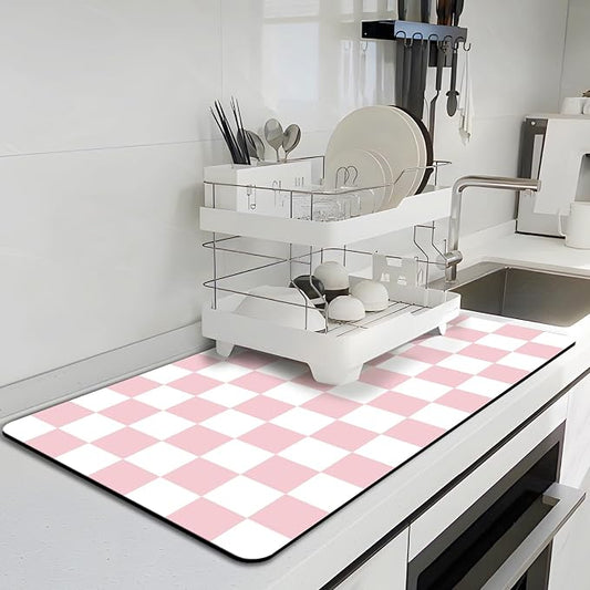 Dish Drying Mat for Kitchen, 16'' x 24'' Checkered Coffee Bar Mat for Countertops, Coffee Station Mat with Non-slip Rubber Backed, Absorbent Dish Dying Pat for Kitchen Counter, Pink & White