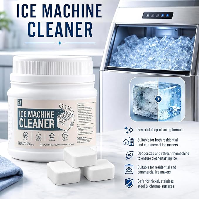 Ice Machine Cleaner Tablets Descaler, 24 Count Nickel Safe Ice Maker Cleaner Tablets, Compatible with Countertop, Nugget, Opal, Kitchenaid, GE Profile, Food-Grade Formula, Effective Descaling