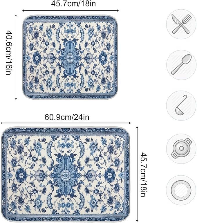 Dish Drying Mat Kitchen Counter Absorbent Blue and White Pattern Coffee Sink Mat Dish Drainer Pad 18 Inch x 24 Inch