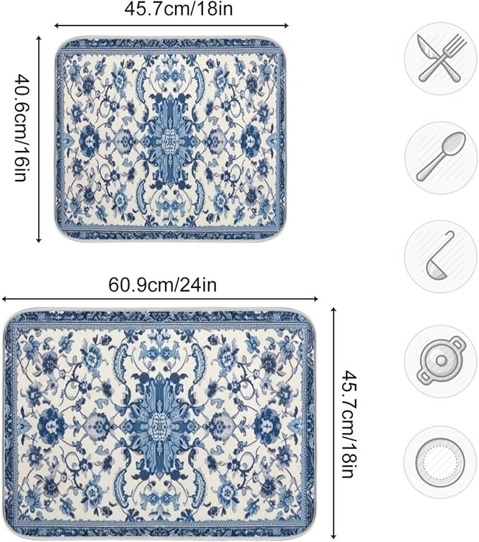 Dish Drying Mat Kitchen Counter Absorbent Blue and White Pattern Coffee Sink Mat Dish Drainer Pad 18 Inch x 16 Inch