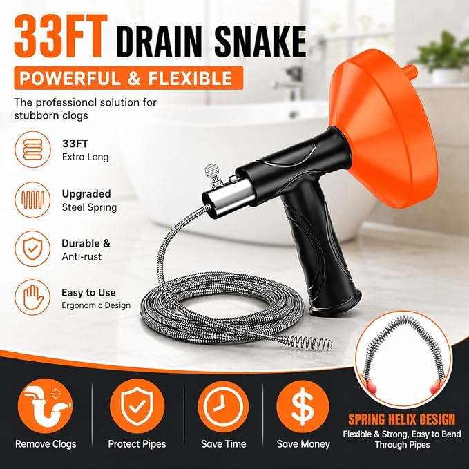33 Feet Drain Snake Auger, Plumbing Snake Drain Hair Clog Removal Tool, Sink Unclogger Drain, Heavy Duty Drum Auger, Cleaner Tool for Bathroom Kitchen Tub Shower Drain Clog Remover with Gloves，Orange