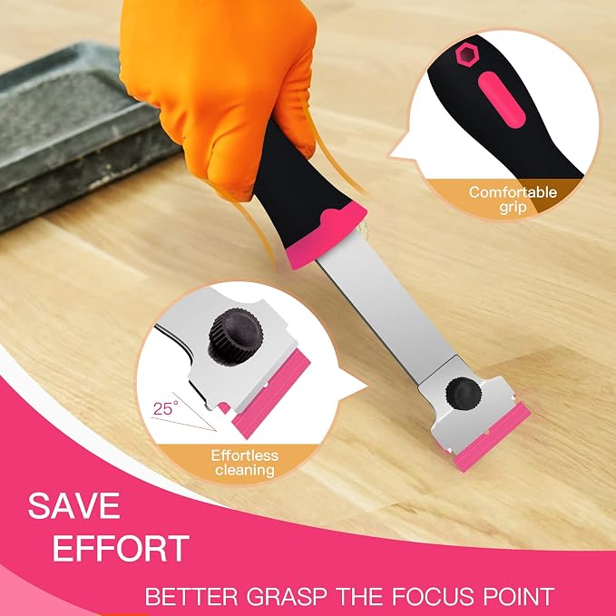 DEKEones Razor Blade Scraper, 2 PCS Razor Scraper Tool for Removing Label, Registration Sticker, Tint, Grease from Windshield, Appliance, Glass（Pink）