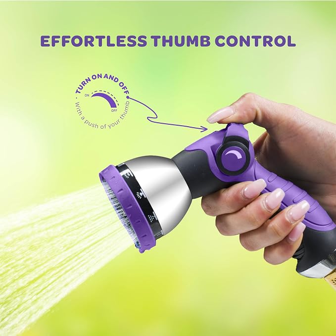 Hose Nozzle [Purple] Heavy Duty Hose Sprayer With 10 Adjustable Watering Patterns. Thumb Control Design, Comfortable Ergonomic Grip, Garden Hose Nozzle for Watering Plants & Lawns/Fun showers/Cleaning