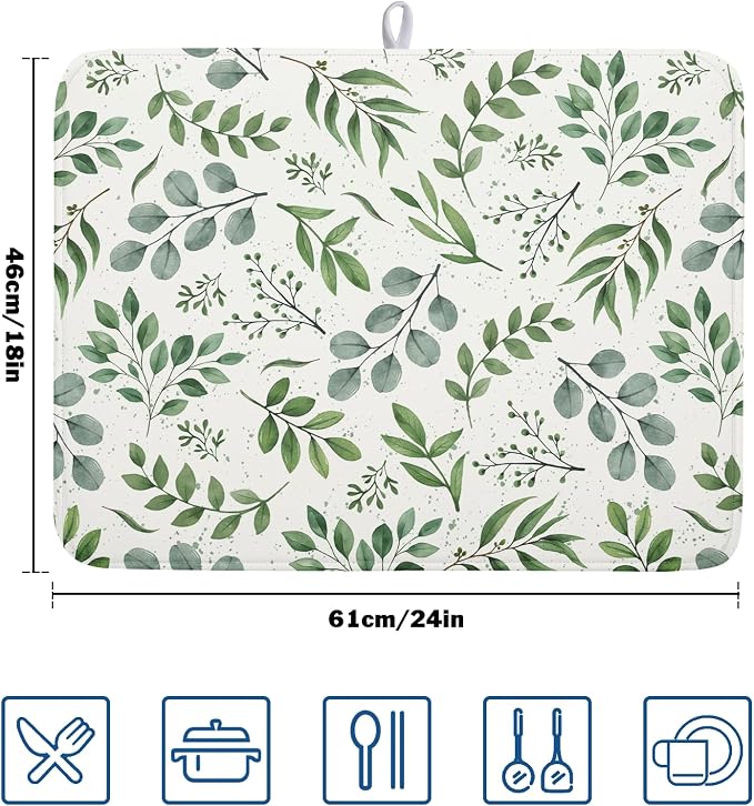 Kawani Sage Green Dish Drying Mat 18x24 In Absorbent Reversible Eucalyptus Leaves Plant Drying Mat Green Plant Dish Drying Rack Mat Spring Summer Themed Dish Drainer Mat for Kitchen Counter Coffee Bar
