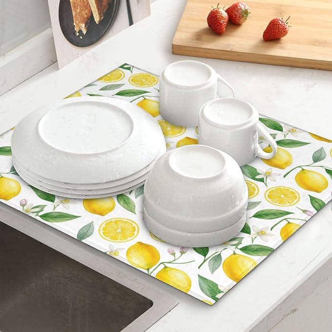 Lemon Dish Drying Mat for Kitchen Counter Microfiber Absorbent Dish Draining Reusable Washable Extra Large 24" x 18" (Lemon, 18x24in)