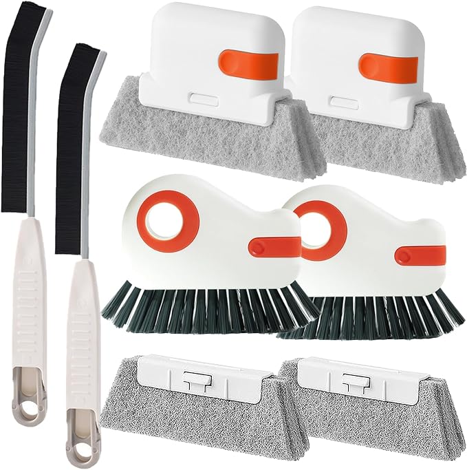 Window Sill Cleaner Tool, Sliding Door Track Cleaner, 8-Piece Brush Kit | Hard Bristle, Crevice and Sponge Brushes with Replacement Heads for Window Grooves, Shower Tracks, Grout, Sinks and Vents