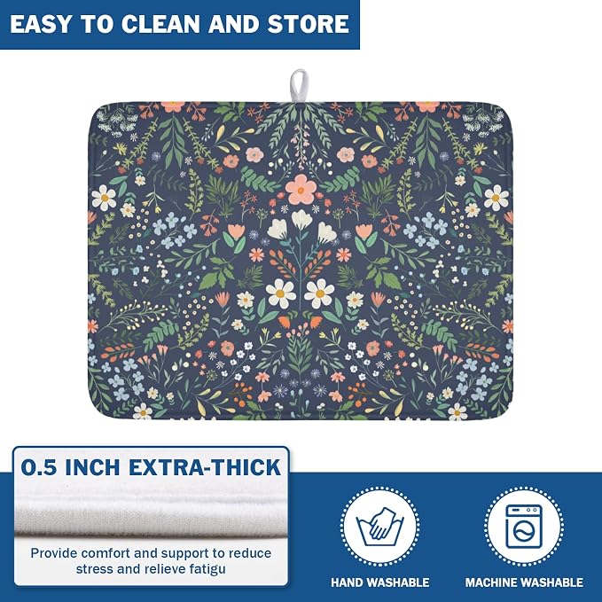 Floral Dish Drying Mat for Kitchen Counter Rustic Flower Leaves Print Microfiber Dish Drainer Mat Farmhouse Floral Absorbent Washable Drying Pad Extra Large 18"x24"
