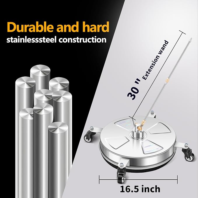 LidoDola 16'' Pressure Washer Surface Cleaner, Power Washer Accessory | Stainless Steel Housing with 4 Wheels, 1/4" QC, 2 Extension Wands & 2 Replacement Nozzles, for Gas & Electric Pressure Washer
