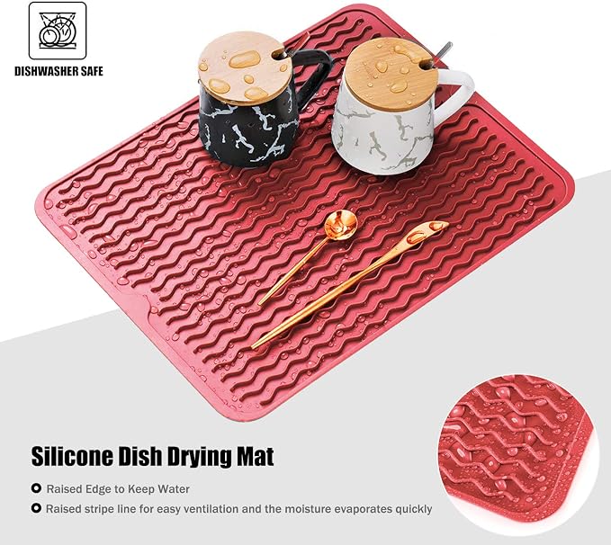 Large 24" x 18" Silicone Dish Drying Mat for Kitchen Counter, Easy clean, Quick Dry, Heat-resistant Dish Drainer Mat for Sink,Refrigerator or Drawer liner (Food Grade Silicone-Red)