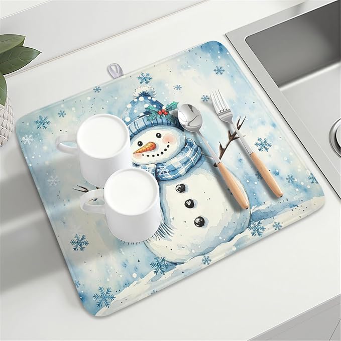 Winter Snowman Dish Drying Mat for Kitchen Counter 16x18 Inch | Blue Christmas Snowflake Snow Scene Dish Drainer Mat Rustic Seasonal Holiday Absorbent Washable Drying Pad
