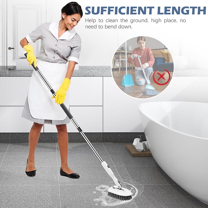 SetSail Tile Tub Scrubber Brush 3-in-1 Long Handle Shower Brush,White Grey | with 3 Detachable Replacement Brush Head, Multi-Angle Cleaning Locks at 45°, 90°, 180° for Bathroom Kitchen Walls Tub Tile