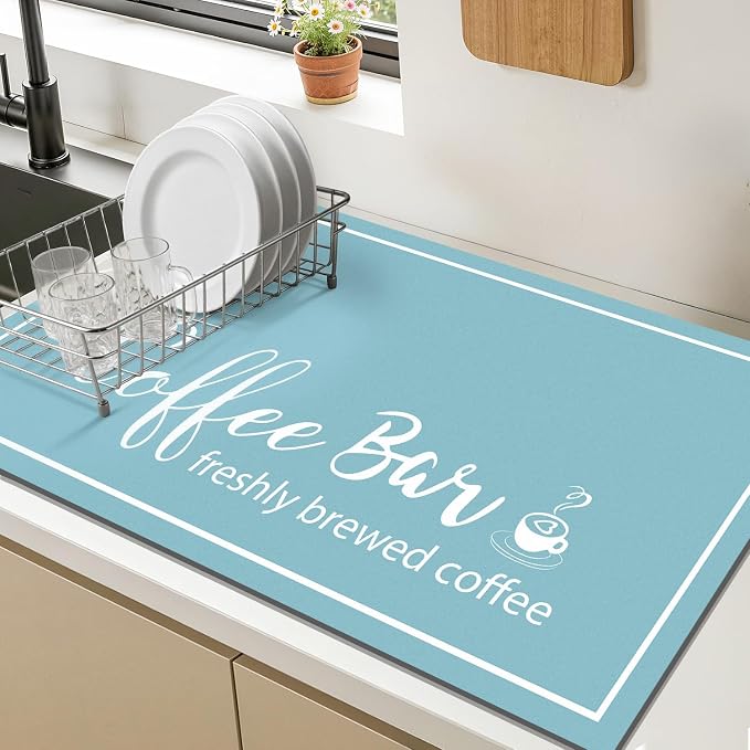Findosom Dish Drying Mat, 16"x 24" Super Absorbent & Hide Stain Coffee Mat, Cuttable Drying Mat for Kitchen Counter, Coffee Bar Accessories, Under Dish Rack, Coffee Maker, Espresso Machine, Blue