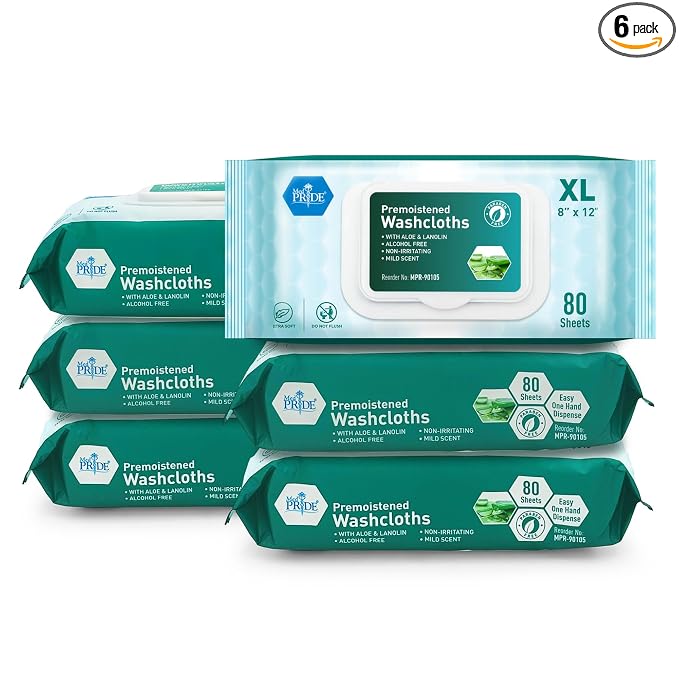 MED PRIDE XL Premoistened Adult Washcloths 8x12 in with Aloe Vera,480 Count
