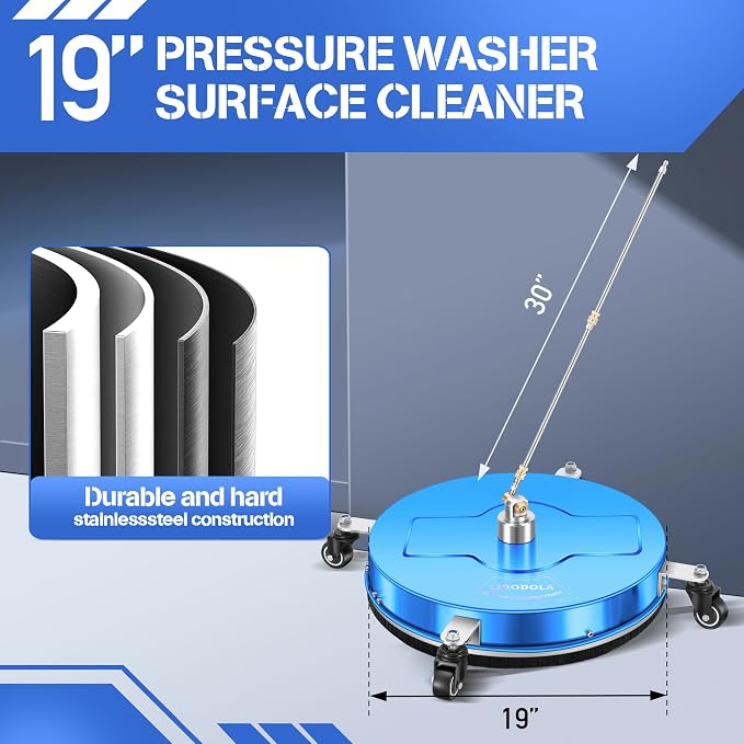 LidoDola 19'' Pressure Washer Surface Cleaner Blue, Power Washer Accessory | Stainless Steel Housing with 4 Wheels, 1/4" QC, 2 Extension Wands & 2 Replacement Nozzles, for Gas & Electric Pressure Washer