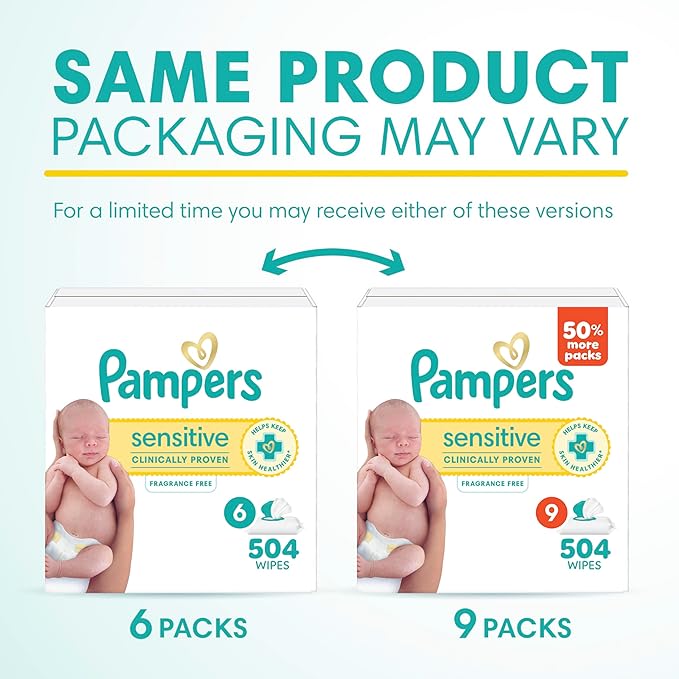 Pampers Sensitive Baby Wipes, Clinically Proven, Fragrance Free, Unscented, Water Based, Hypoallergenic, Multi-Use, Hand Wipes 504 Wipes Total (6X Flip-Top Packs) [Packaging May Vary]
