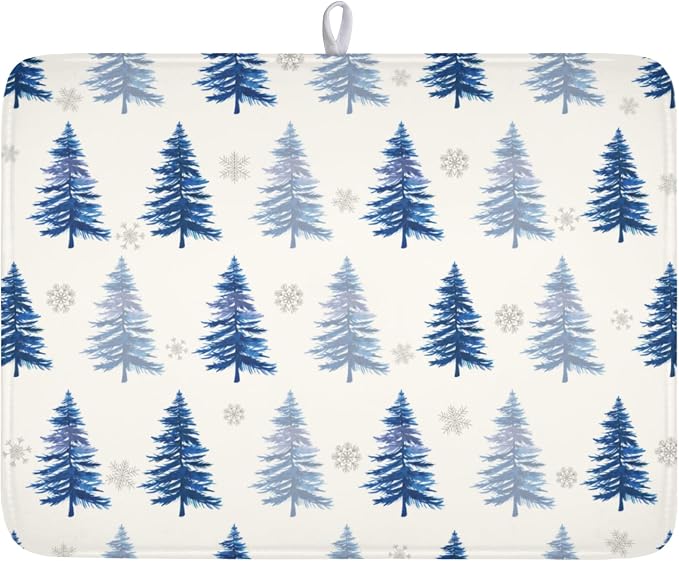 Winter Dish Drying Mat 16 x 18 Inch Blue Tree Dish Drying Pad Absorbent Microfiber Mats for Snowflake Dish Rack Pad for Holiday Kitchen Counter Coffee Bar Decor