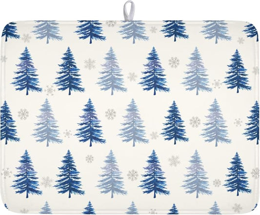 Winter Dish Drying Mat 16 x 18 Inch Blue Tree Dish Drying Pad Absorbent Microfiber Mats for Snowflake Dish Rack Pad for Holiday Kitchen Counter Coffee Bar Decor