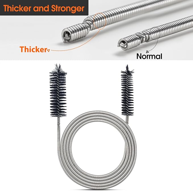 RayTour Extra-Thick Drain Brush with Stronger Spring 61-Inch Stainless Steel and Nylon Pipe Cleaner for Flexible, Curved & Slim Holes, Stronger Spring Version