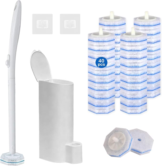 Disposable Toilet Bowl Brush and Holder - Toilet Bowl Wand Refills with Toilet Bowl Cleaner, Includes 40 Refill Heads for Clorox Toilet Brush, Wand & Storage Caddy - Won't Fall Apart