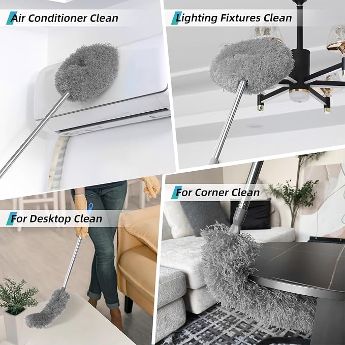 DRQ Ceiling Fan Cleaner Duster, 2 Pack Reusable Microfiber Duster with Extension Pole, 13 to 48 Inch Fan Blade Cleaner, Removable Dusters for Cleaning Walls Bookshelves Door Window Top (Grey)