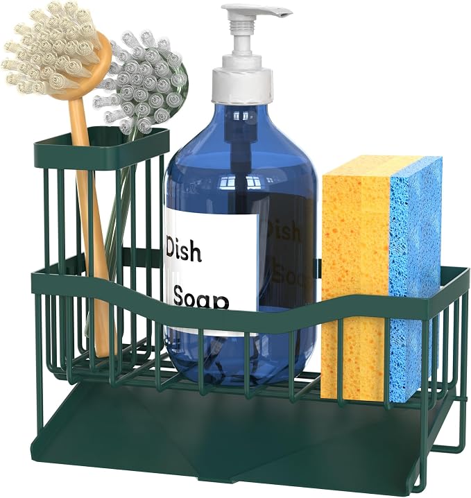 Fssvcd Maifan Sink Caddy Sponge Holder for Kitchen with Brush Holder and Stainless Steel Self Drain Tray, Rustproof Kitchen Sink Organizer for Sponge, Soap Dispenser Storage Accessories Dark Green