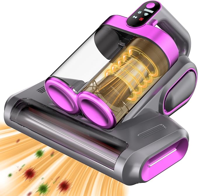 Mattress Vacuum Cleaner - 16Kpa Bed Vacuum with 253.7nm UV-C Light, 140°F Heat, Ultrasonic Tech & Hepa Filter, Portable Handheld Couch Cleaners for Pet Carpet Sofa Hair Home, Purple-Cordless