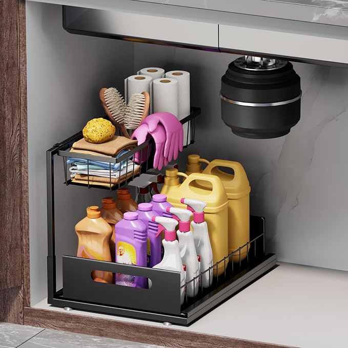 Ceetug Slide Out Under Sink Organizers and Storage, Black, 1 Pack | 2 Tier, Sturdy Metal, Cabinet Organizer, for Kitchen Bathroom
