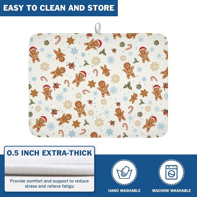 Christmas Gingerbread Man Dish Drying Mat 18x24 Inch Xmas Snowflake | Winter，Polyester，Absorbent Microfiber，for Kitchen Coffee Dining Bar Decor