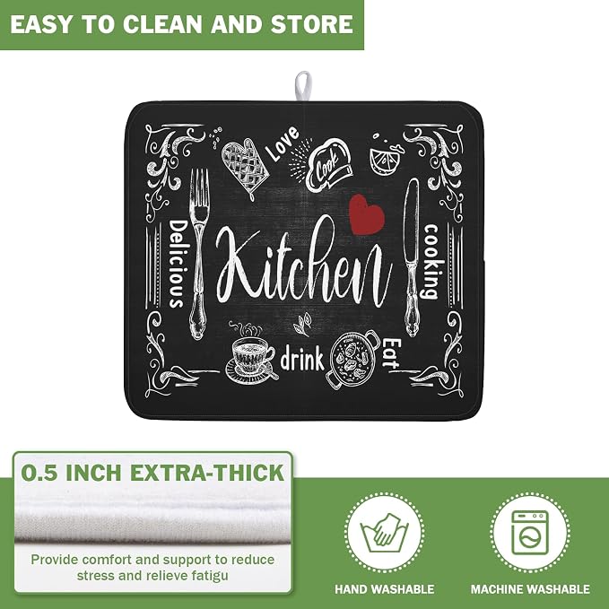 Dish Drying Mats for Kitchen Counter 16 x 18 Inch, Kitchen Drying Mat,Black Coffee Bar Dishes Pad Dish Drainer Rack Mats Absorbent Fast Dry Kitchen Accessories