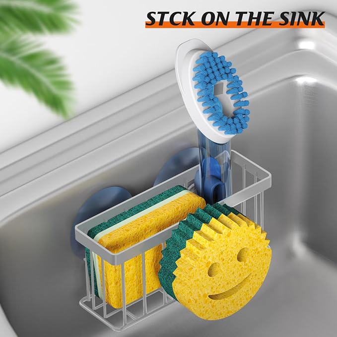 MURLONG Sponge Holder Smiley Face, Sink Organizer with 2 Suction Cups/1 Adhesive Strips, Designed for Sponge, Soap, Dish Brush, Scrubber - Gray