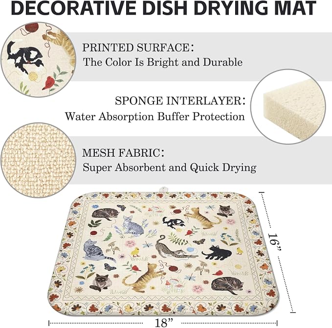 Boho Dish Drying Mat for Kitchen Counter,Flower Floral Animal Cat Farmhouse Absorbent Microfiber Reusable Washable Non-Slip Dish Drainer Draining Mats Dishes Pad for Kitchen Decor 18x16 Inch
