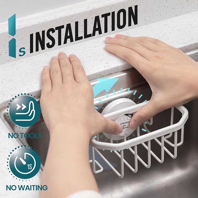 TAILI Sponge Holder for Kitchen Sink with Strong Suction Cup Removable, Rustproof Aluminum Sink Caddy for Sponge, Brush, Scrubber, Scraper -White
