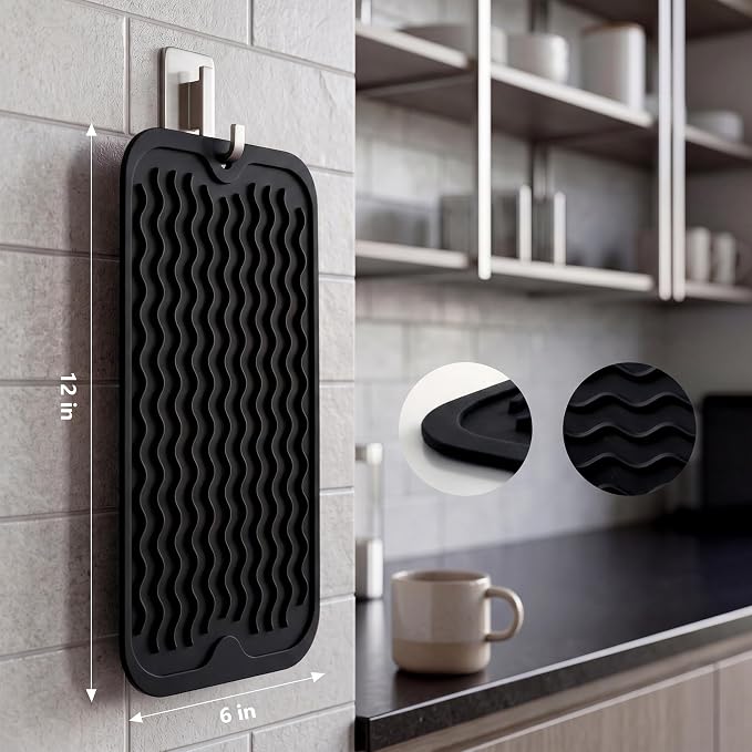 MicoYang Silicone Dish Drying Mat for Multiple Usage,Easy clean,Eco-friendly,Heat-resistant Silicone Mat for Kitchen Counter or Sink,Refrigerator or Drawer Liner Black S 12 inches x 6 inches