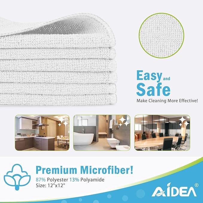 AIDEA Microfiber Cleaning Cloth White-600PK, Soft Microfiber Towels for Cars, Absorbent Cleaning Rags, Lint-Free Streak-Free Wash Cloths for House, Kitchen, Window,11.5"×11.5"