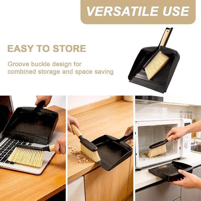Mini Dustpan and Brush Set with Bamboo Handle, Black, 1 Set | Portable Multipurpose Broom Dustpan Set with Handle Teeth, for Desktops, Bedroom, Kitchen, Pet Care, Camping