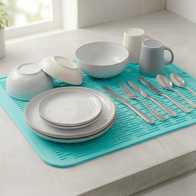 MicoYang Silicone Dish Drying Mat for Multiple Usage,Easy clean,Eco-friendly,Heat-resistant Silicone Mat for Kitchen Counter or Sink,Refrigerator or Drawer Liner Mint XL 18 inches x 16 inches
