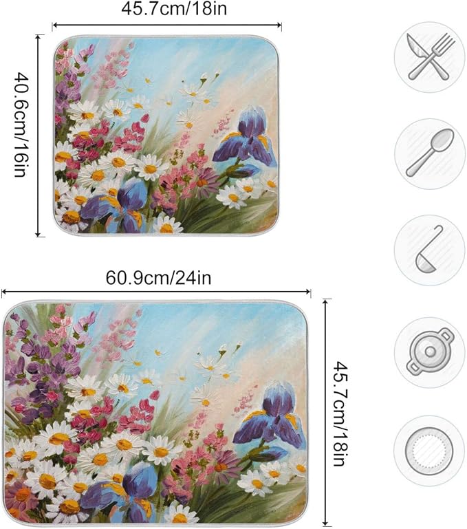 Absorbent Dish Drying Mat for Kitchen Counter - Cute Sunflowers Oil Painting Microfiber Drying Pad, Reversible Drainer Mats for Countertop, Lager 18 x 24 inch
