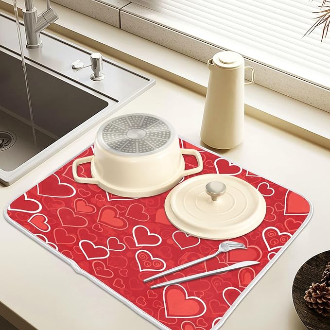 Red Hearts Cute Dish Drying Mat for Kitchen Counter Absorbent Microfiber Large Drying Pad Dish Mats for Kitchen Countertops 18 x 24 Inch