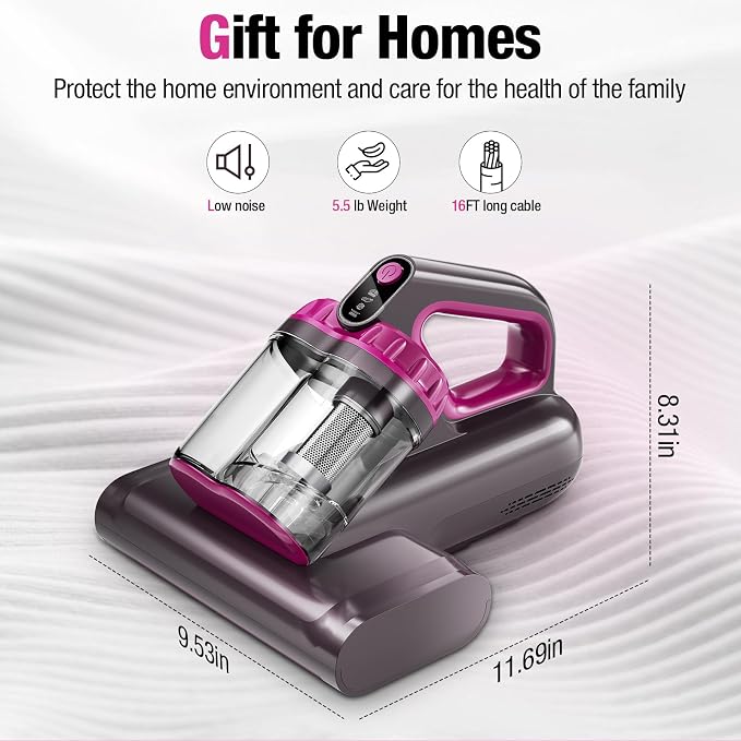 BYHUME Mattress Vacuum Cleaner, 17Kpa 650W Bed Vacuum Cleaner, 273nm UV-C Light & Ultrasonic 145°F Heating, 80000 RPM/Min Brushroll Rotation, Wide Suction Port for Pillows Cribs Sofa, Black Corded