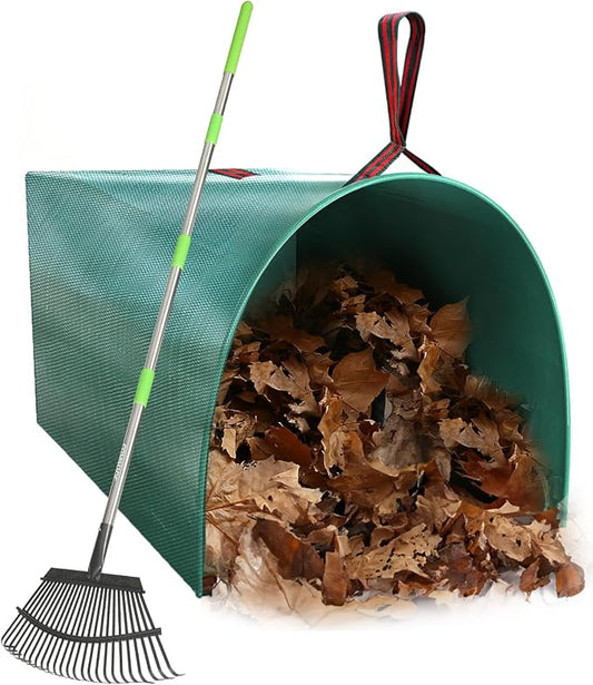 65 Inch 25 Tines Metal Leaf Rake Set with 40 Gal Dustpan-Type Bags | Heavy duty garden rake, Leaf gathering tool, Yard waste bag set, Metal dustpan rake, Lawn tool, Grass clippings sweeper