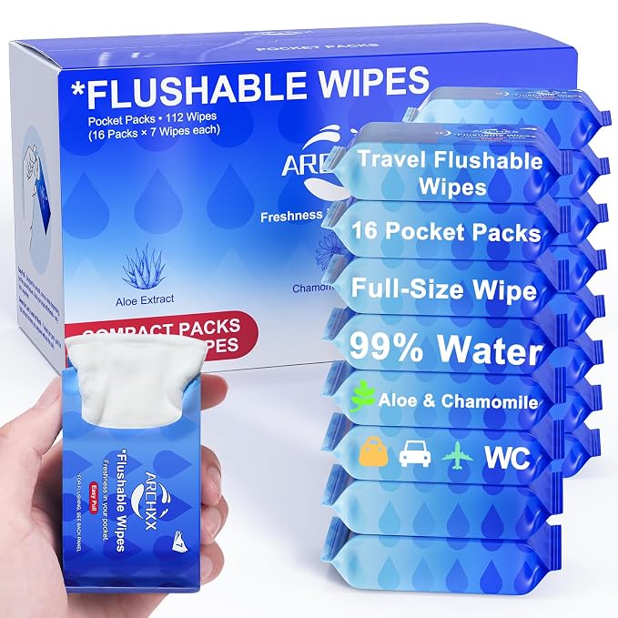 ARCHXX Travel Flushable Wipes, 16 Travel Packs (112 Count), Value Pack, 99% Water with Aloe & Chamomile, Unscented & Hypoallergenic, Mini Wet Wipes, for Sensitive Skin, for Adults & Kids